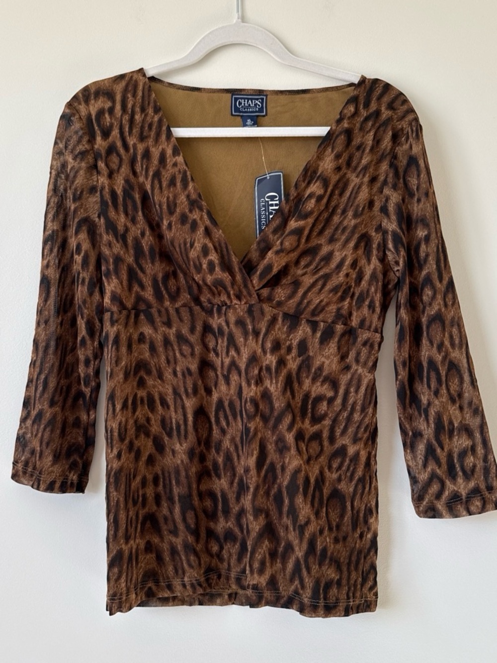 Chaps leopard print faux wrap mesh top XL